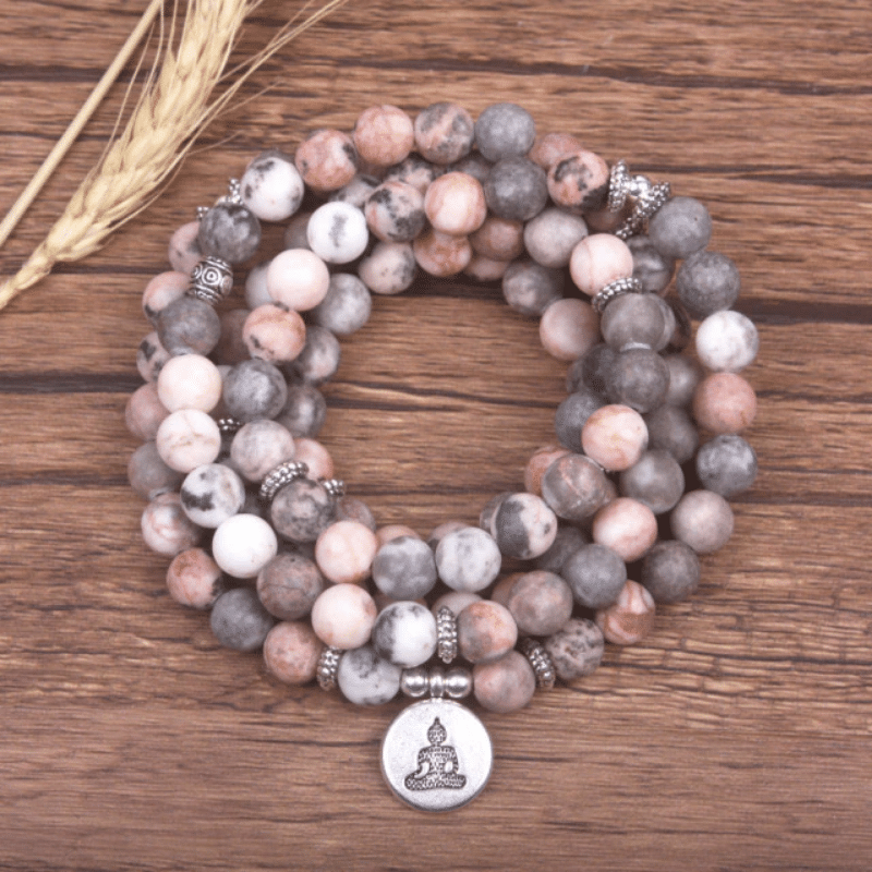 Bracelet Mala Bouddhiste en Jaspe Zèbre Rose | Lithothérapie Stéphanie