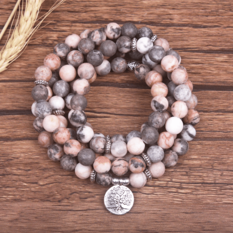Bracelet Mala Arbre de Vie en Jaspe Zèbre Rose | Lithothérapie Stéphanie
