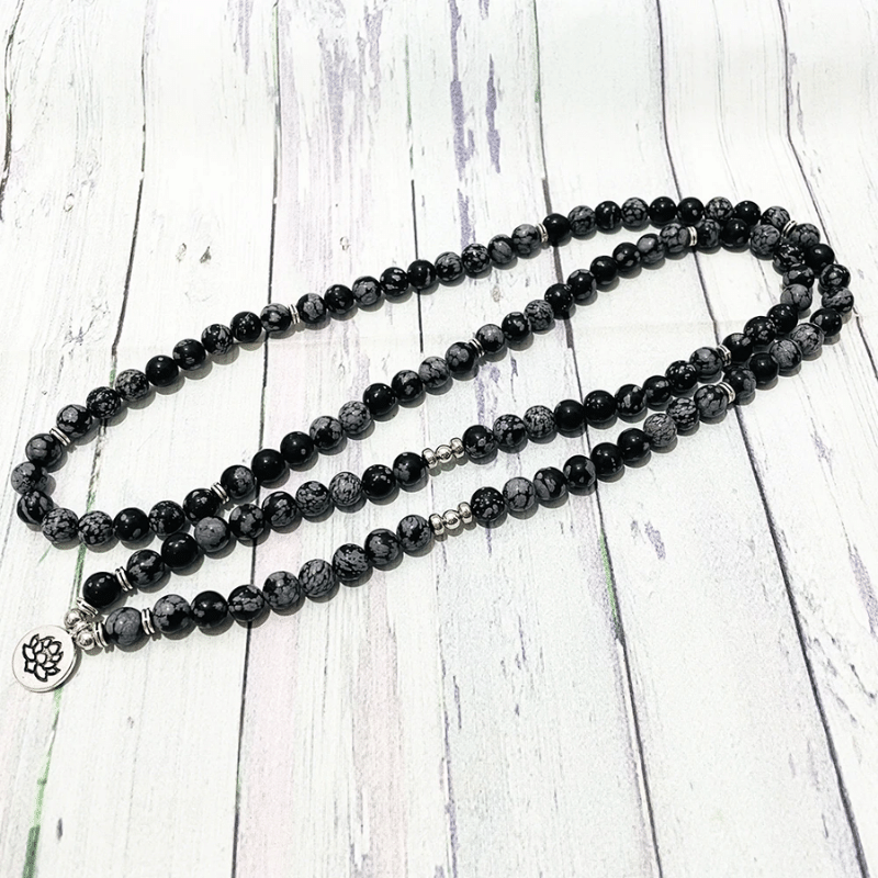Bracelet Mala 108 Perles en Obsidienne Neige | Lithothérapie Stéphanie