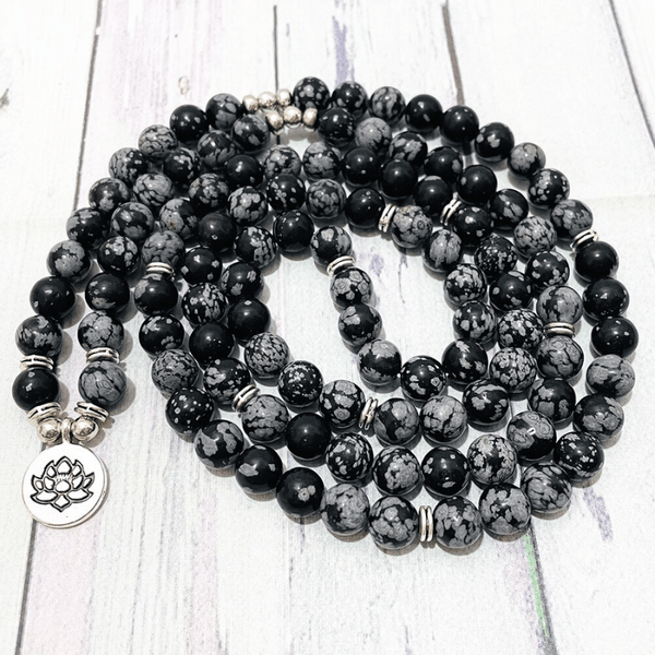 Bracelet Mala en Obsidienne Flocon de Neige | Lithothérapie Stéphanie