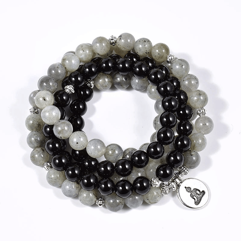 Bracelet Mala Bouddhiste en Onyx et Labradorite | Lithothérapie Stéphanie