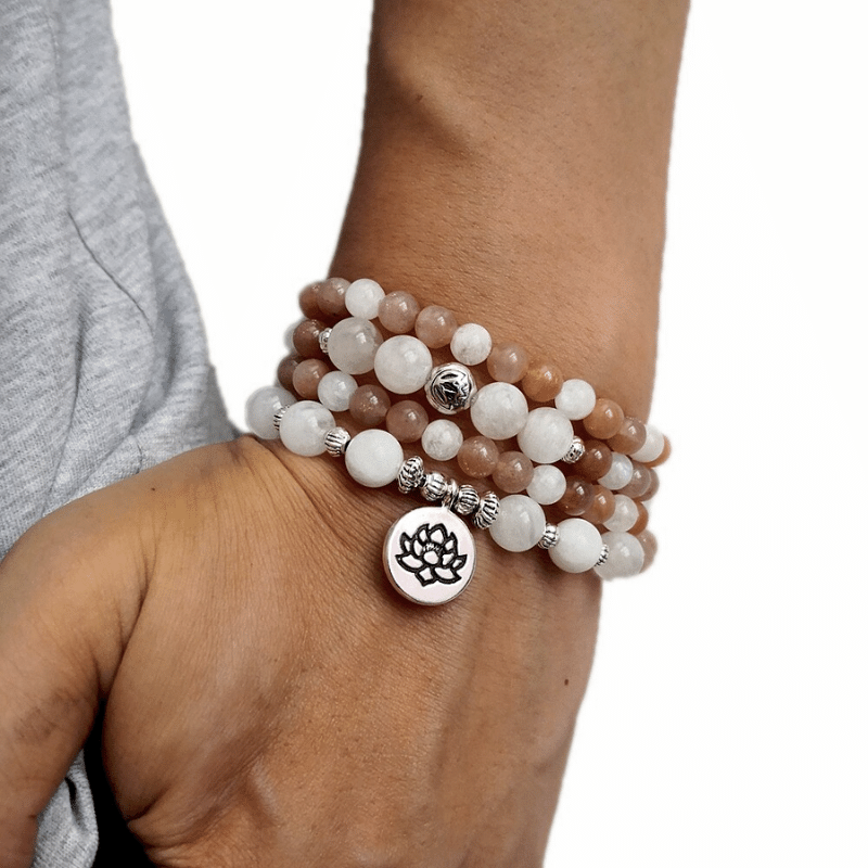 Bracelet Mala Tibétain en Pierre de Lune et de Soleil | Lithothérapie Stéphanie