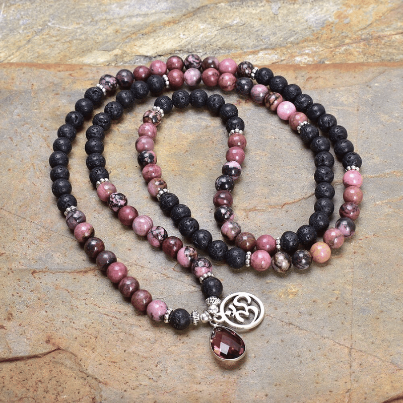 Bracelet Mala 108 Perles en Rhodonite et Pierre de Lave | Lithothérapie Stéphanie