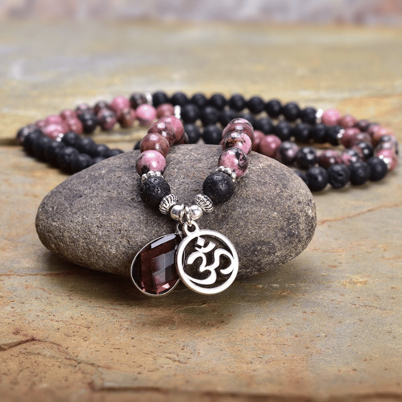 Bracelet Mala Tibétain en Rhodonite et Pierre de Lave | Lithothérapie Stéphanie
