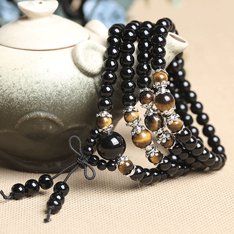 Bracelet Mala 108 Perles en Tourmaline et Oeil de Tigre | Lithothérapie Stéphanie