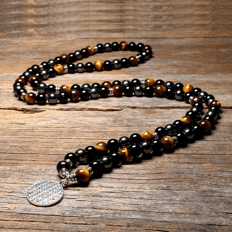 Bracelet Mala Triple Protection en Obsidienne, Hématite et Oeil de Tigre | Lithothérapie Stéphanie