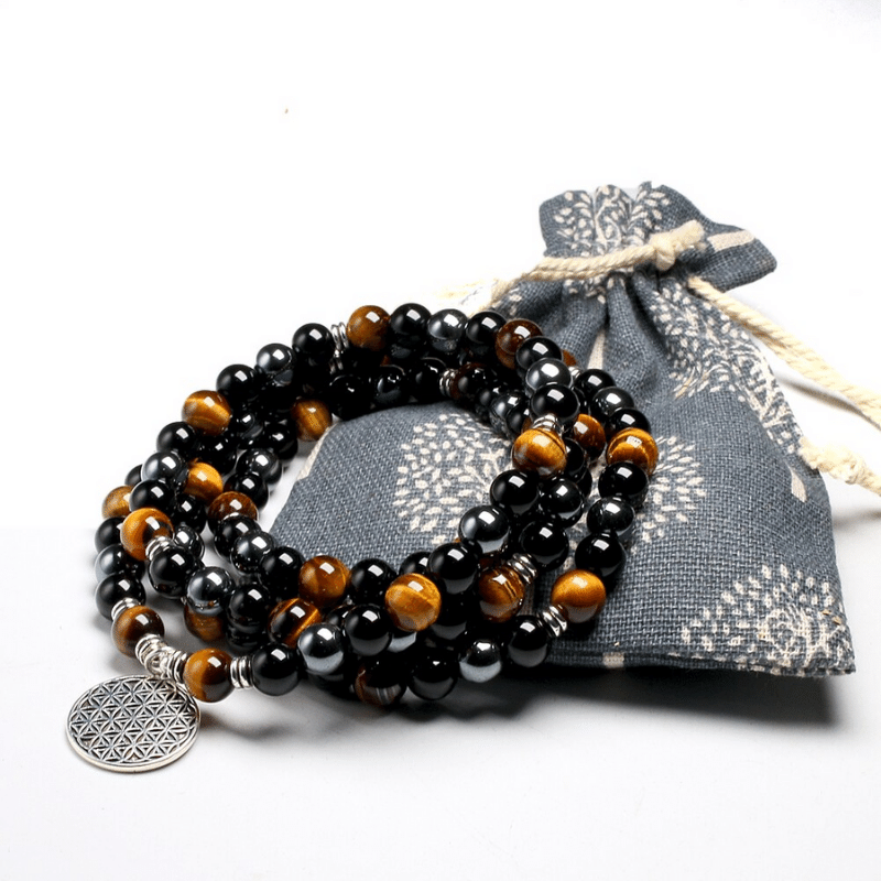 Bracelet Mala en Oeil de Tigre, Hématite et Obsidienne | Lithothérapie Stéphanie