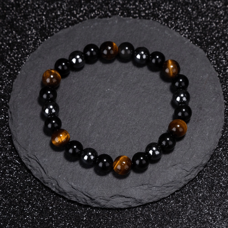 Bracelet Triple Protection en Oeil de Tigre, Obsidienne et Hématite | Lithothérapie Stéphanie