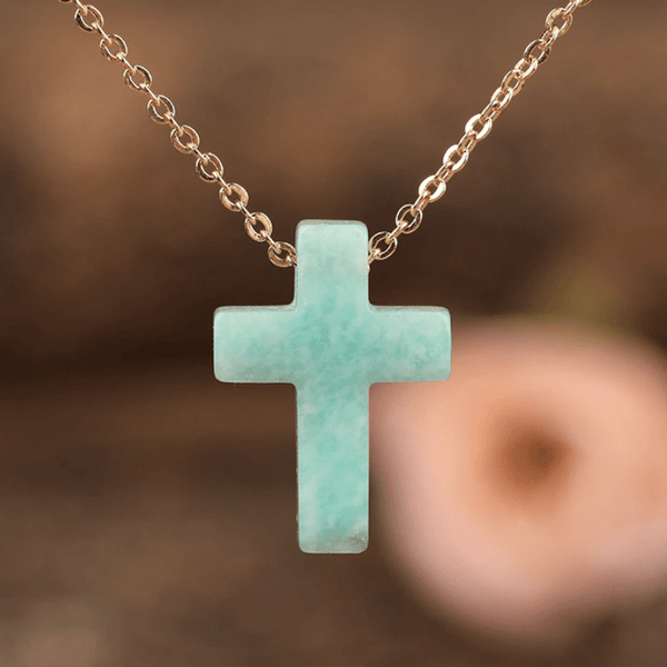 Collier Croix en Pierre Naturelle d'Amazonite | Lithothérapie Stéphanie