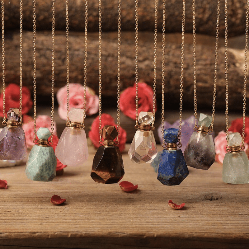 Collier Diffuseur Parfum En Quartz Rose - 4x2,5x2 Cm - Pendentif Bouteille Aromathérapie, Huiles Essentielles - Unisexe