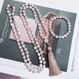 Collier Mala 108 Perles en Agate Blanche et Quartz Rose | Lithothérapie Stéphanie