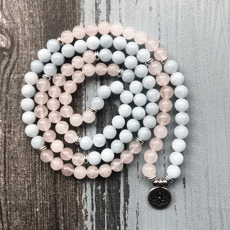 Bracelet Mala 108 Perles en Aigue Marine et Quartz Rose | Lithothérapie Stéphanie