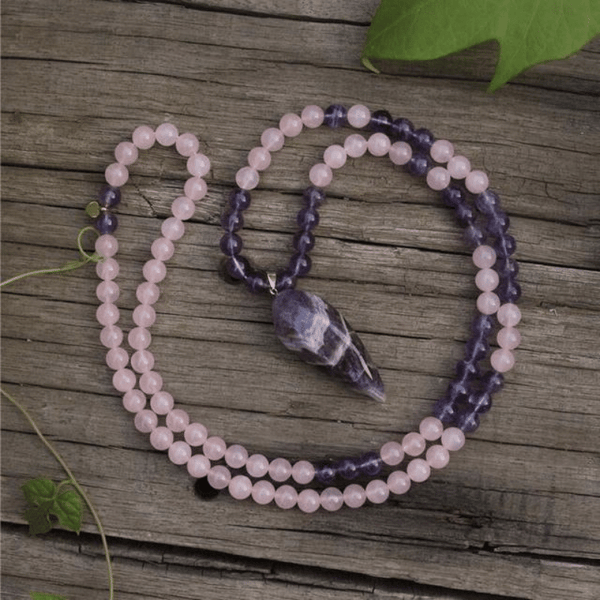 Collier Mala 108 Perles en Quartz Rose et Améthyste | Lithothérapie Stéphanie
