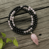 Collier Mala 108 Perles en Onyx et Quartz Rose | Lithothérapie Stéphanie
