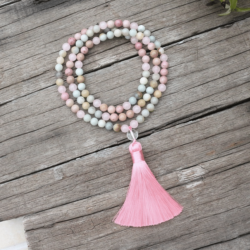Collier Mala 108 Perles en Rhodonite et Amazonite | Lithothérapie Stéphanie