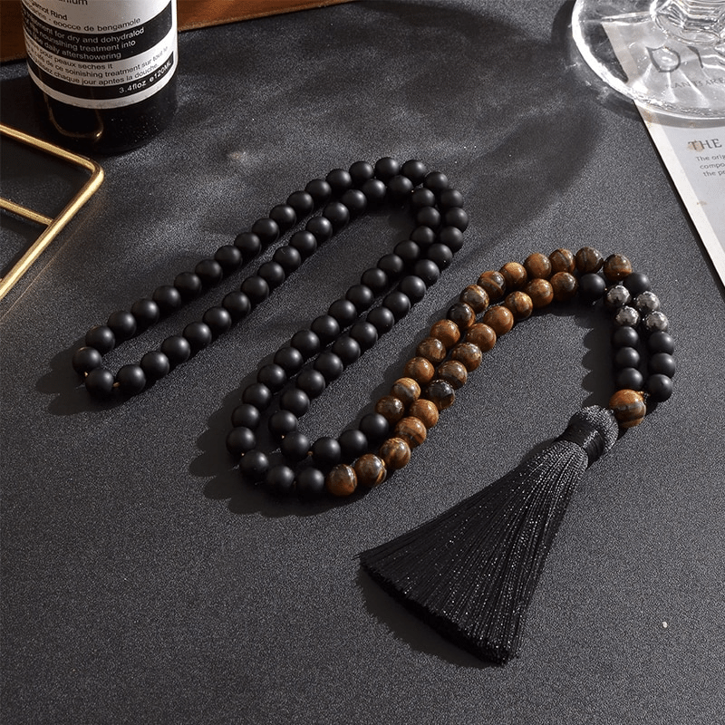 Mala en Oeil de Tigre, Hématite et Onyx Noir | Lithothérapie Stéphanie