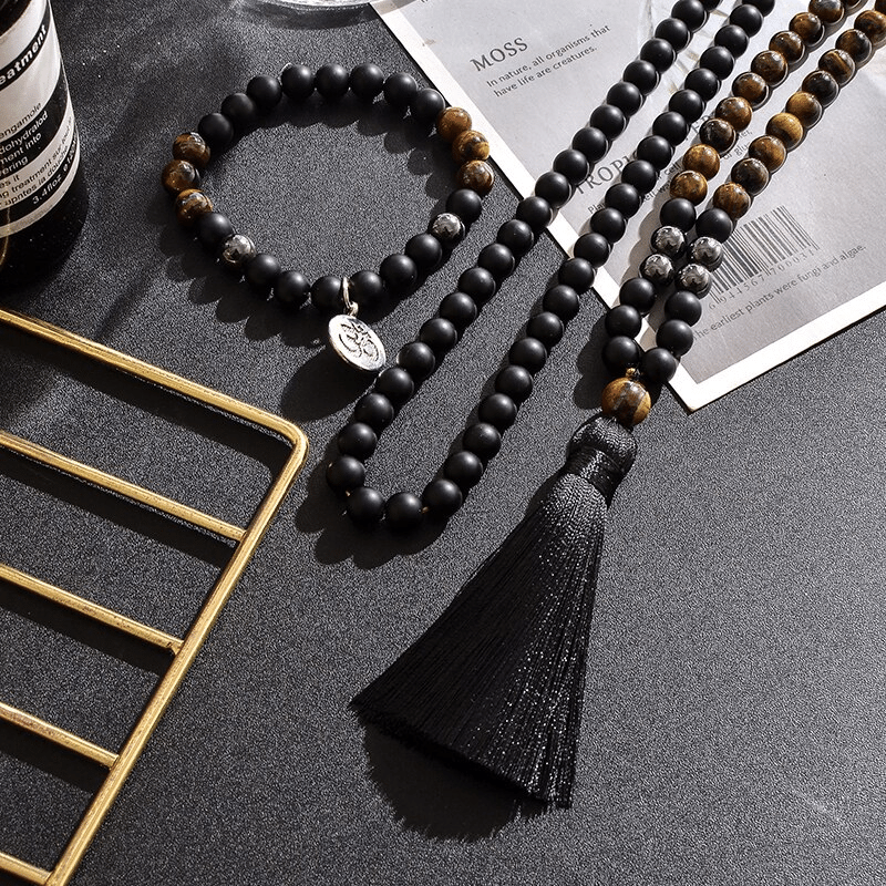 Collier Mala 108 Perles en Oeil de Tigre, Hématite et Onyx Noir | Lithothérapie Stéphanie