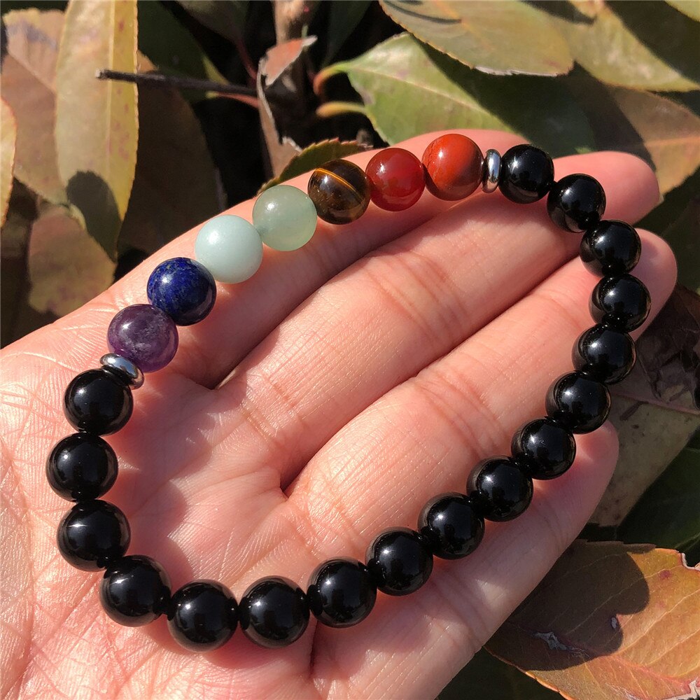 Bracelet 7 Chakras en Pierre Obsidienne Noire | Lithothérapie Stéphanie